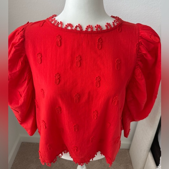 FARM Rio Pineapple Embroidered Puff Sleeve Blouse Top Red Cotton Size Medium - Picture 5 of 8
